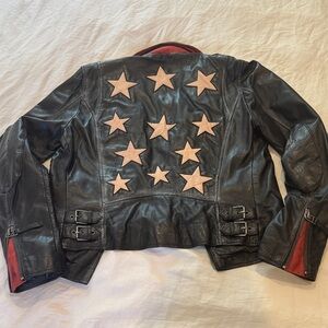 Black Moto Leather Jacket with Red Zip Accents and Decorative Stars on the Back